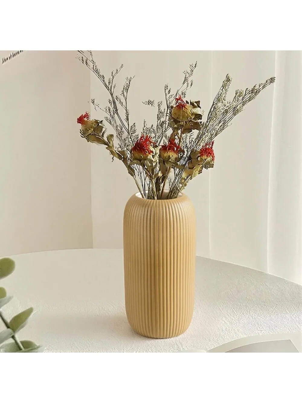 Modern Small Coffee Ceramic Vase Flowers Ribbed Textured Farmhouse Home Livings